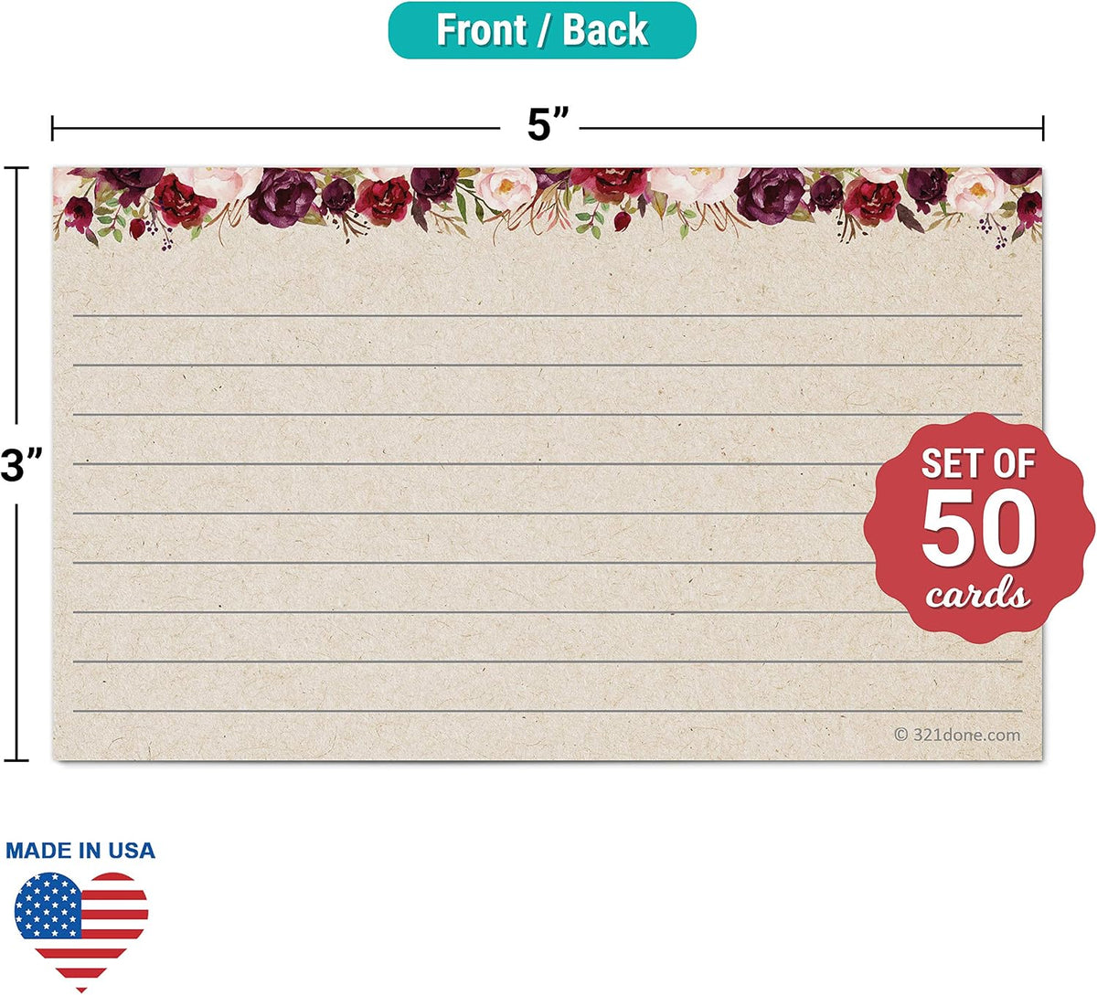 321Done Ruled Index Cards, Small 3x5, Set of 50, Red Roses on Tan