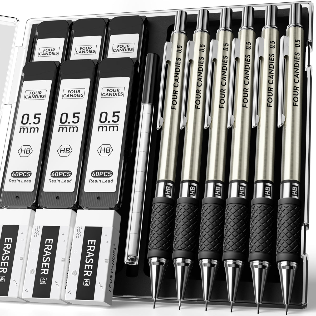 Metal Mechanical Pencil Set with Case, 6-Pack 0.5mm Fine Point Pencils