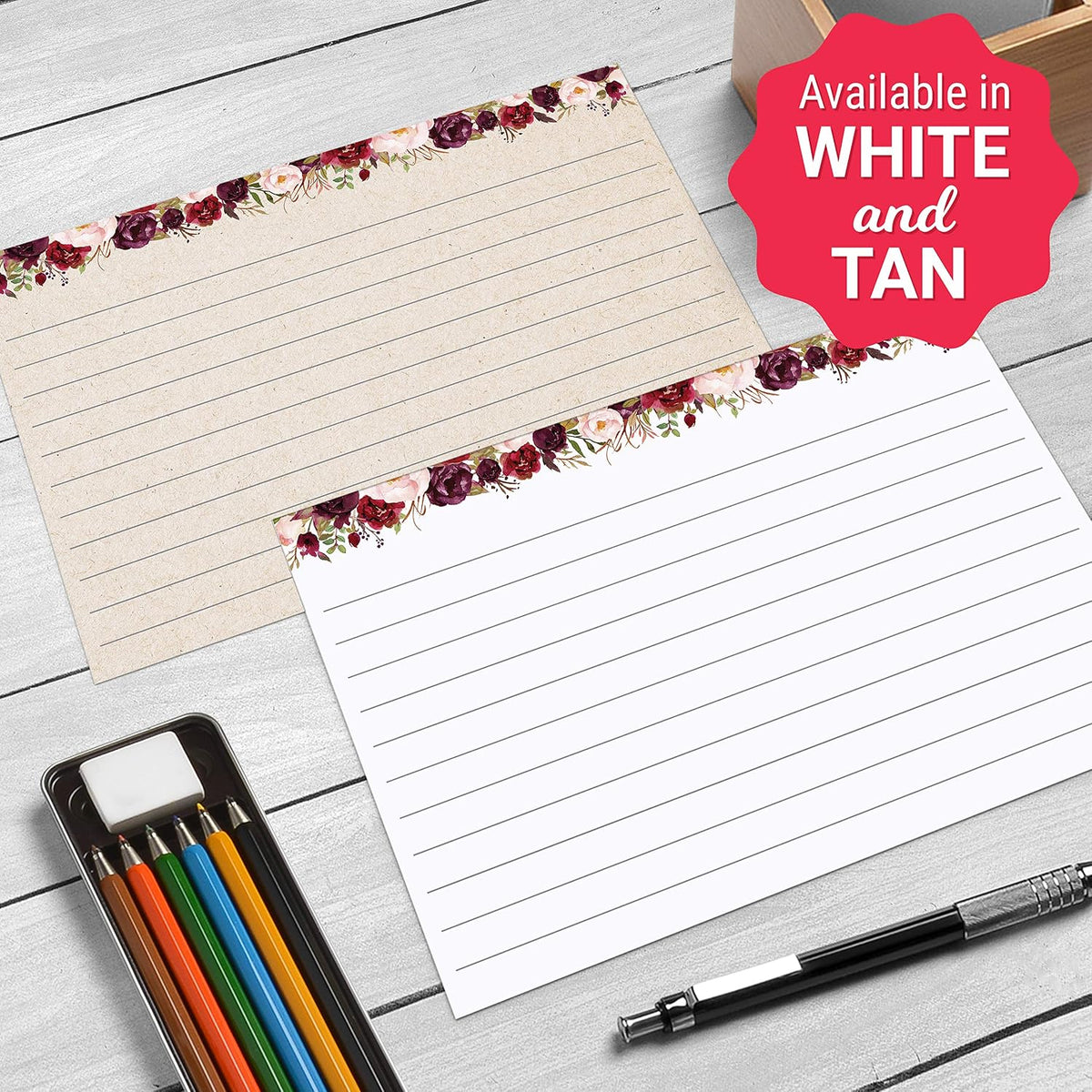 321Done Ruled Index Cards, Small 3x5, Set of 50, Red Roses on Tan