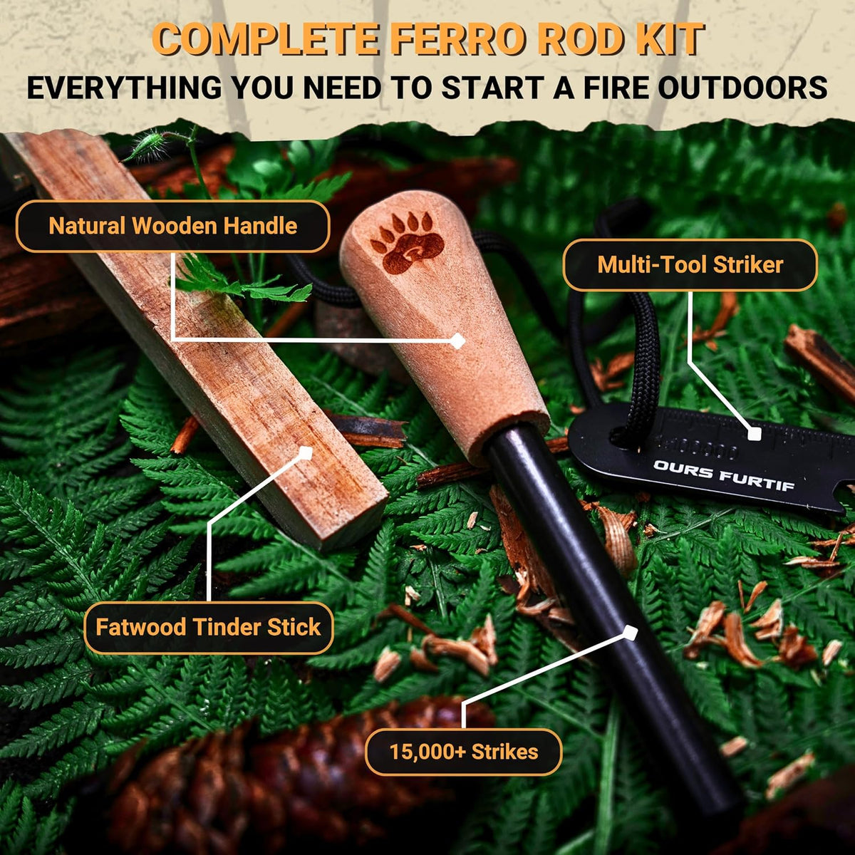 Ferro Rod Fire Starter Kit with Fatwood Tinder Stick - 3/8" Thick Ferrocerium Flint and