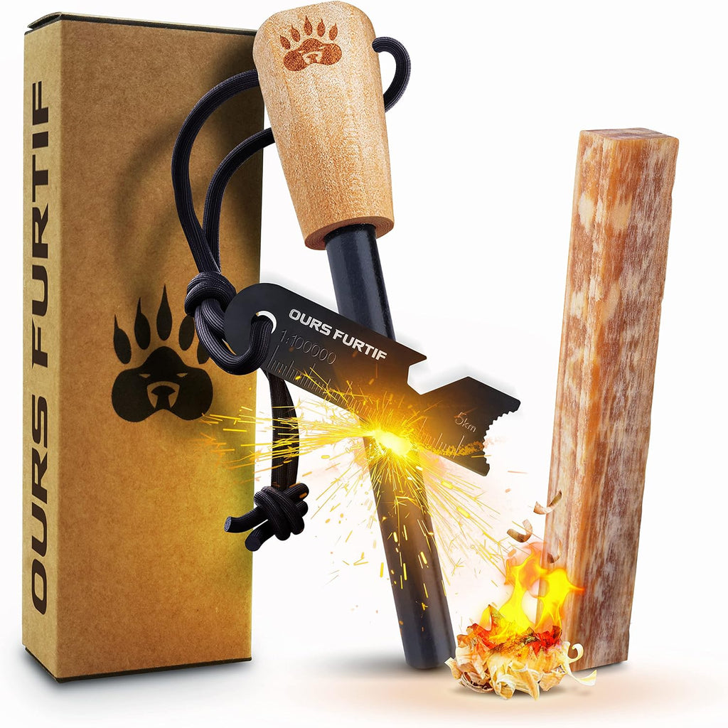 Ferro Rod Fire Starter Kit with Fatwood Tinder Stick - 3/8" Thick Ferrocerium Flint and