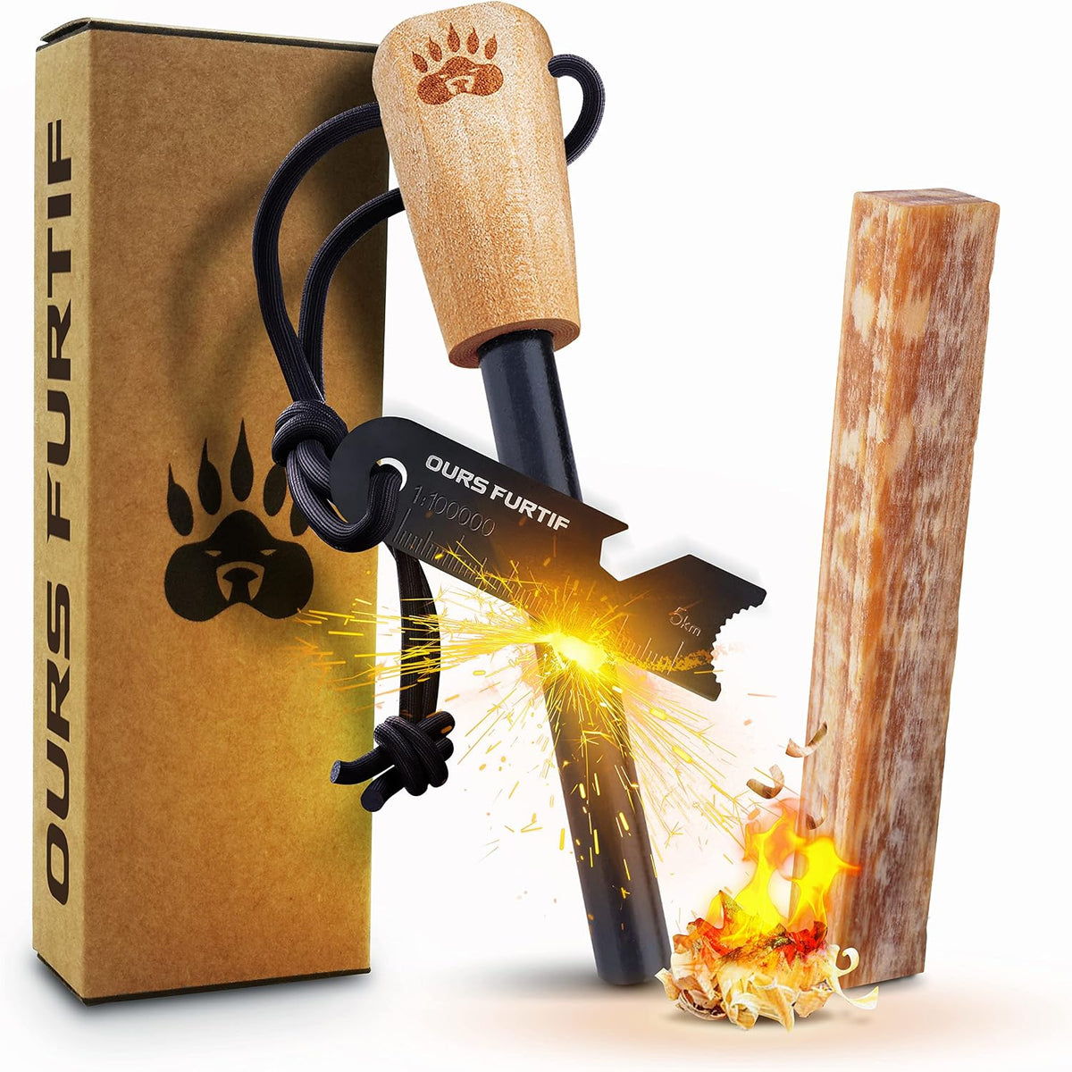 Ferro Rod Fire Starter Kit with Fatwood Tinder Stick - 3/8" Thick Ferrocerium Flint and