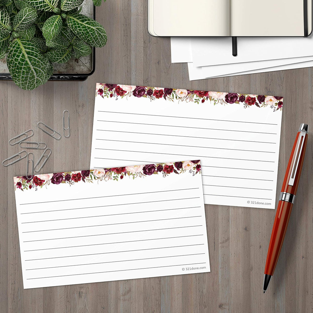 321Done Ruled Index Cards, Small 3x5, Set of 50, Red Roses on White