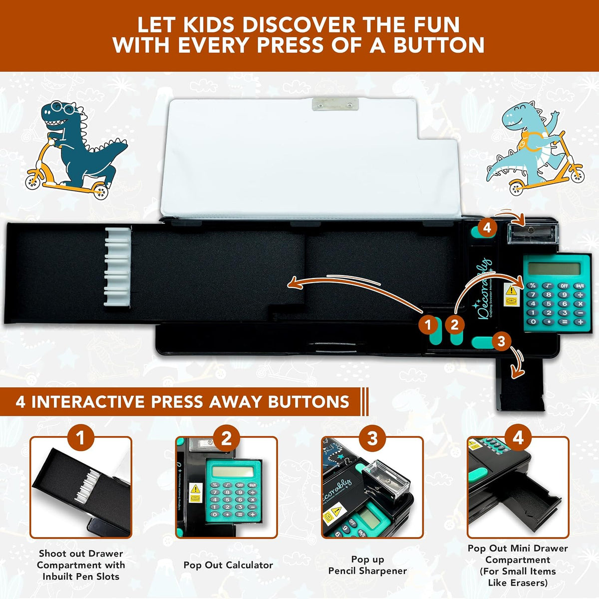 Decorably Dinosaur Pop-Up Pencil Case with Calculator for Boys