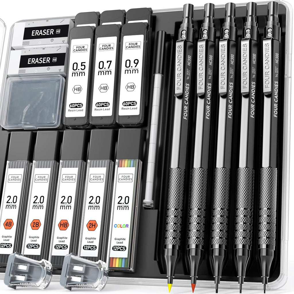 Four Candies Metal Mechanical Pencil Set, 3PCS Art Drafting Pencils 0.5, 0.7