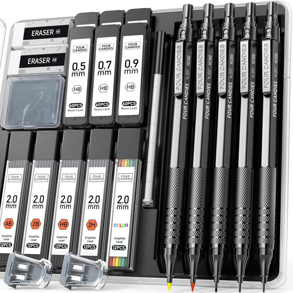 Four Candies Metal Mechanical Pencil Set, 3PCS Art Drafting Pencils 0.5, 0.7