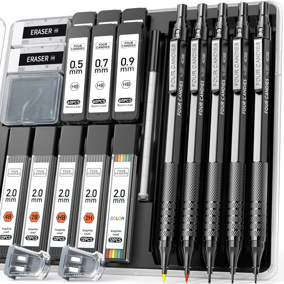 Four Candies Metal Mechanical Pencil Set, 3PCS Art Drafting Pencils 0.5, 0.7