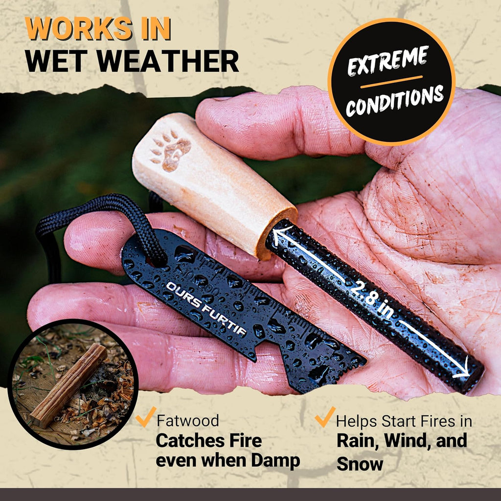 Ferro Rod Fire Starter Kit with Fatwood Tinder Stick - 3/8" Thick Ferrocerium Flint and