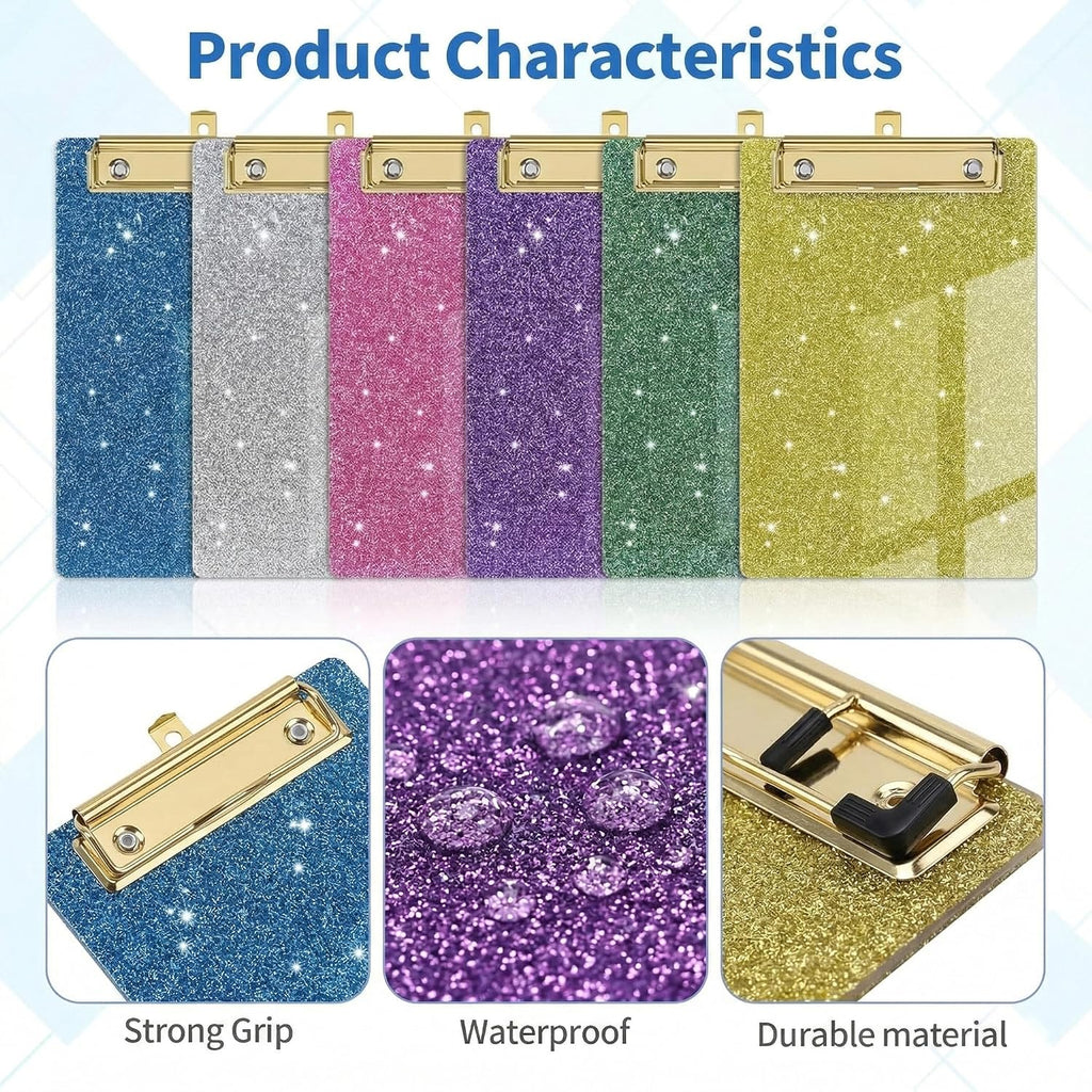 6 Pcs Mini Glitter Clipboard 4 x 6 Inches, Bling Small Acrylic Clipboards Set