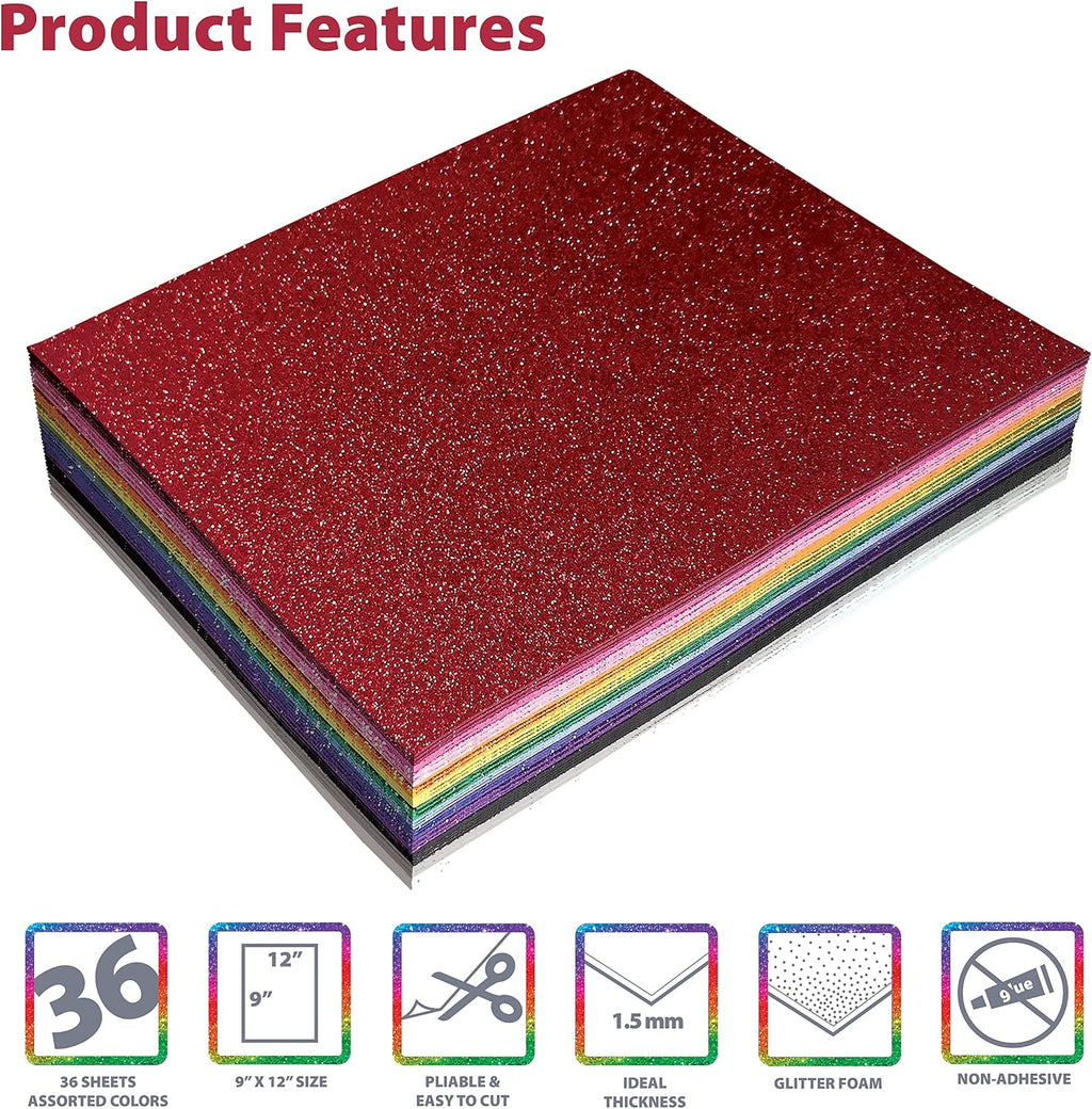 Better Office Products 36 Pack Glitter Foam Sheets, 9 x 12 Inch, Assorted 12 Colors
