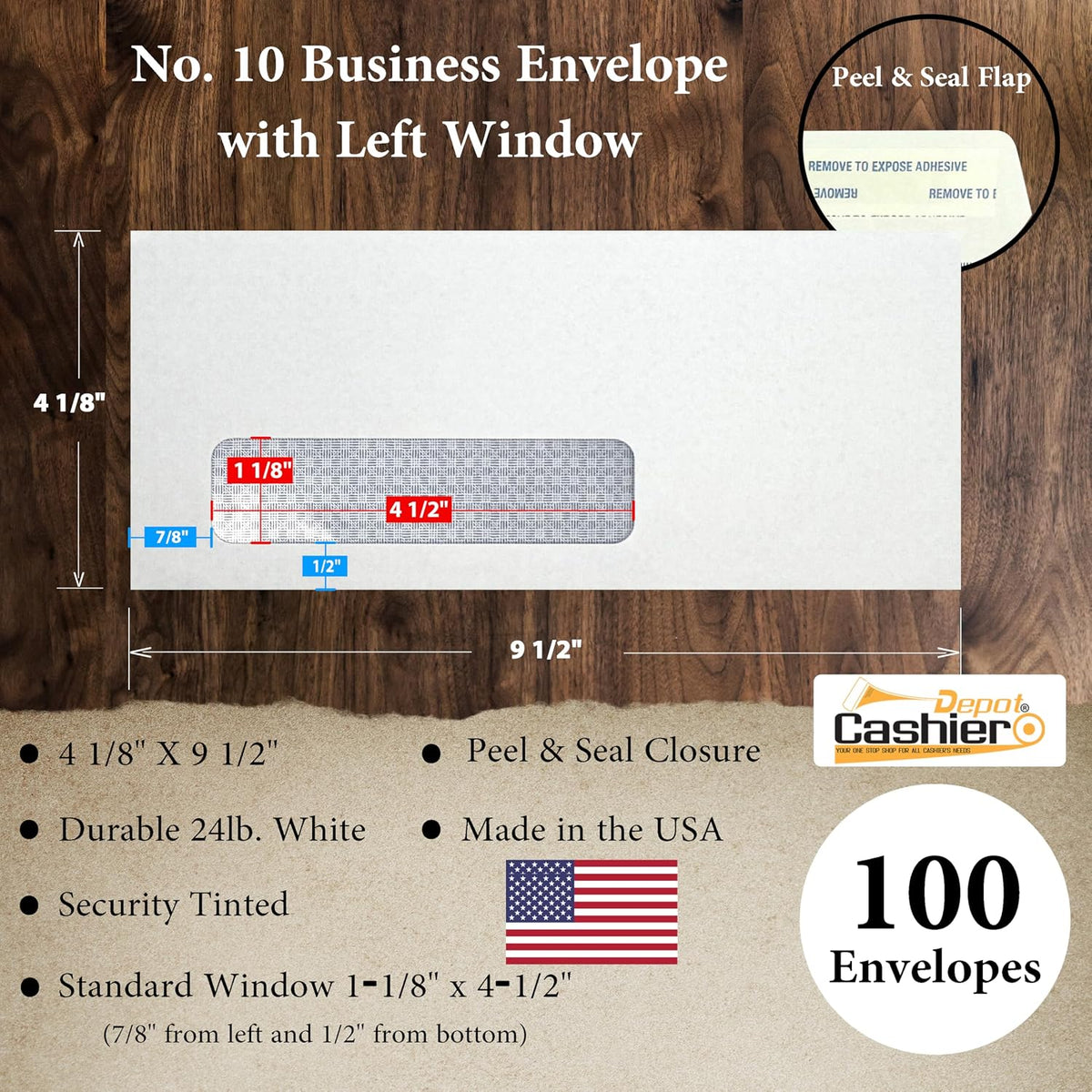 100 Cashier Depot - #10 Business Envelopes with Left Window, 4 1/8 x 9 1/2 Inches
