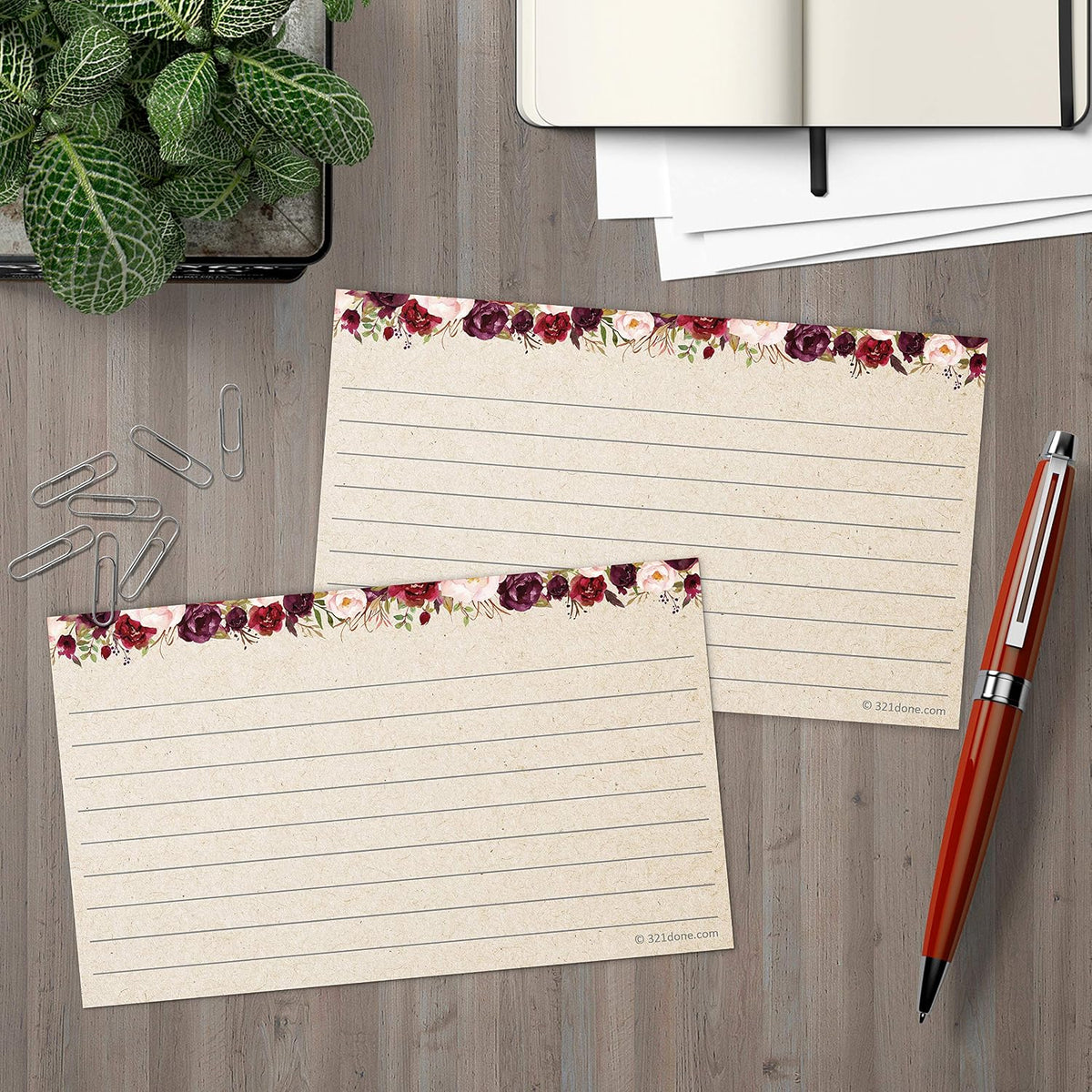 321Done Ruled Index Cards, Small 3x5, Set of 50, Red Roses on Tan