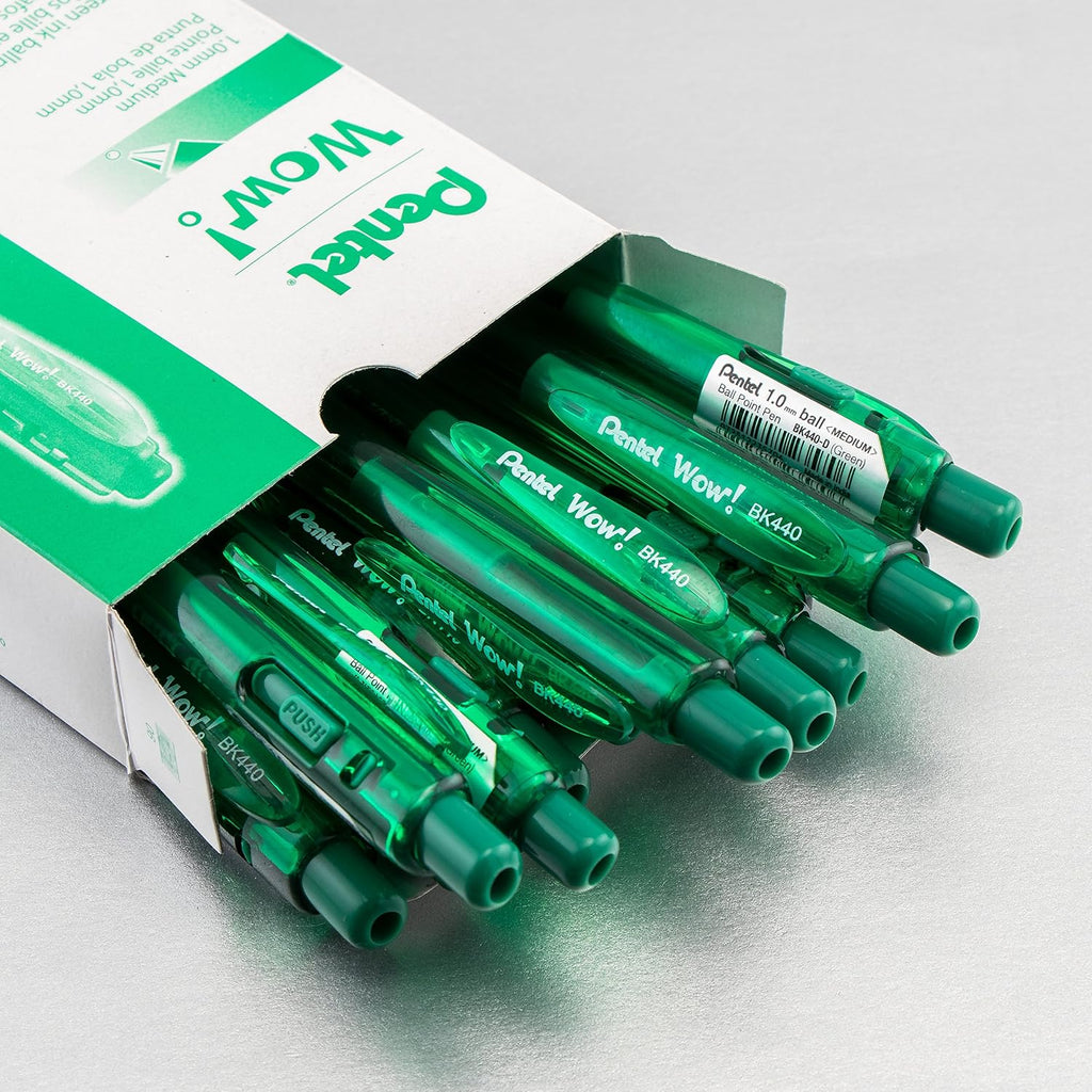 Pentel Wow! Retractable Ballpoint Pens, (1.0mm), Medium Line, Green Ink